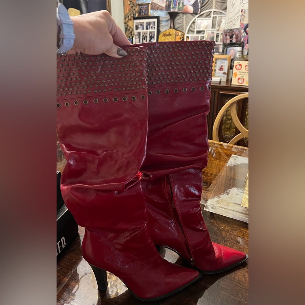 Red Studded Knee-High Boots - Picture 2 of 6
